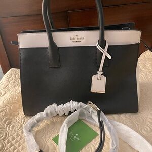 kate spade Black and White Leather Satchel with Gold-Tone Tag